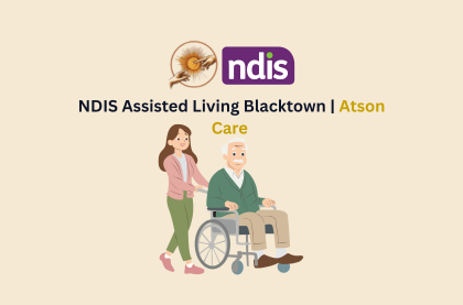 Assisted Living Blacktown illustration showing an NDIS carer supporting an elderly person in a wheelchair, representing Registered NDIS-assisted living services in Blacktown.
