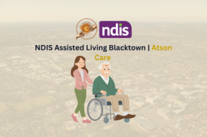 Assisted Living Blacktown illustration showing an NDIS carer supporting an elderly person in a wheelchair, representing Registered NDIS-assisted living services in Blacktown.
