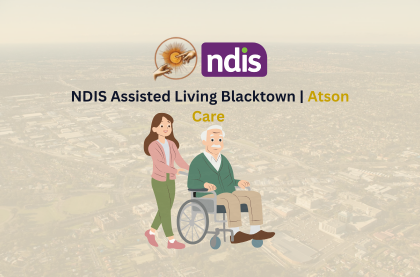 Assisted Living Blacktown illustration showing an NDIS carer supporting an elderly person in a wheelchair, representing Registered NDIS-assisted living services in Blacktown.