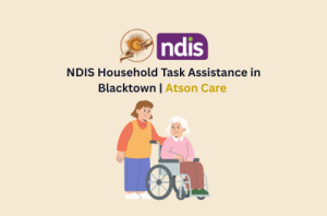 Disability support worker assisting with NDIS household tasks under the Atson Care title screen